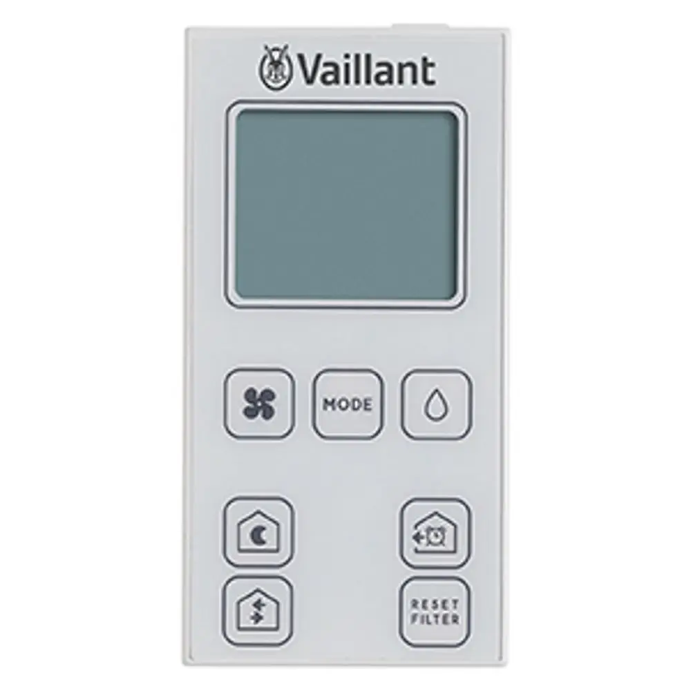 Fernbedienung von Vaillant mit Display und Bedienelementen, darunter Tasten für Mode, Filter zurücksetzen und weitere Funktionen zur Steuerung eines Heiz- oder Lüftungssystems.